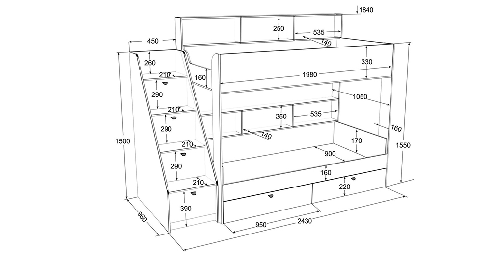 Чертеж двухъярусной кровати из лдсп с размерами